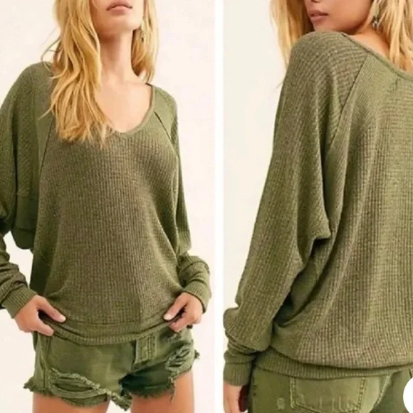 Free People Santa Clara Thermal Oversized Relaxed Sweater Olive Green Sz XS - Picture 2 of 6
